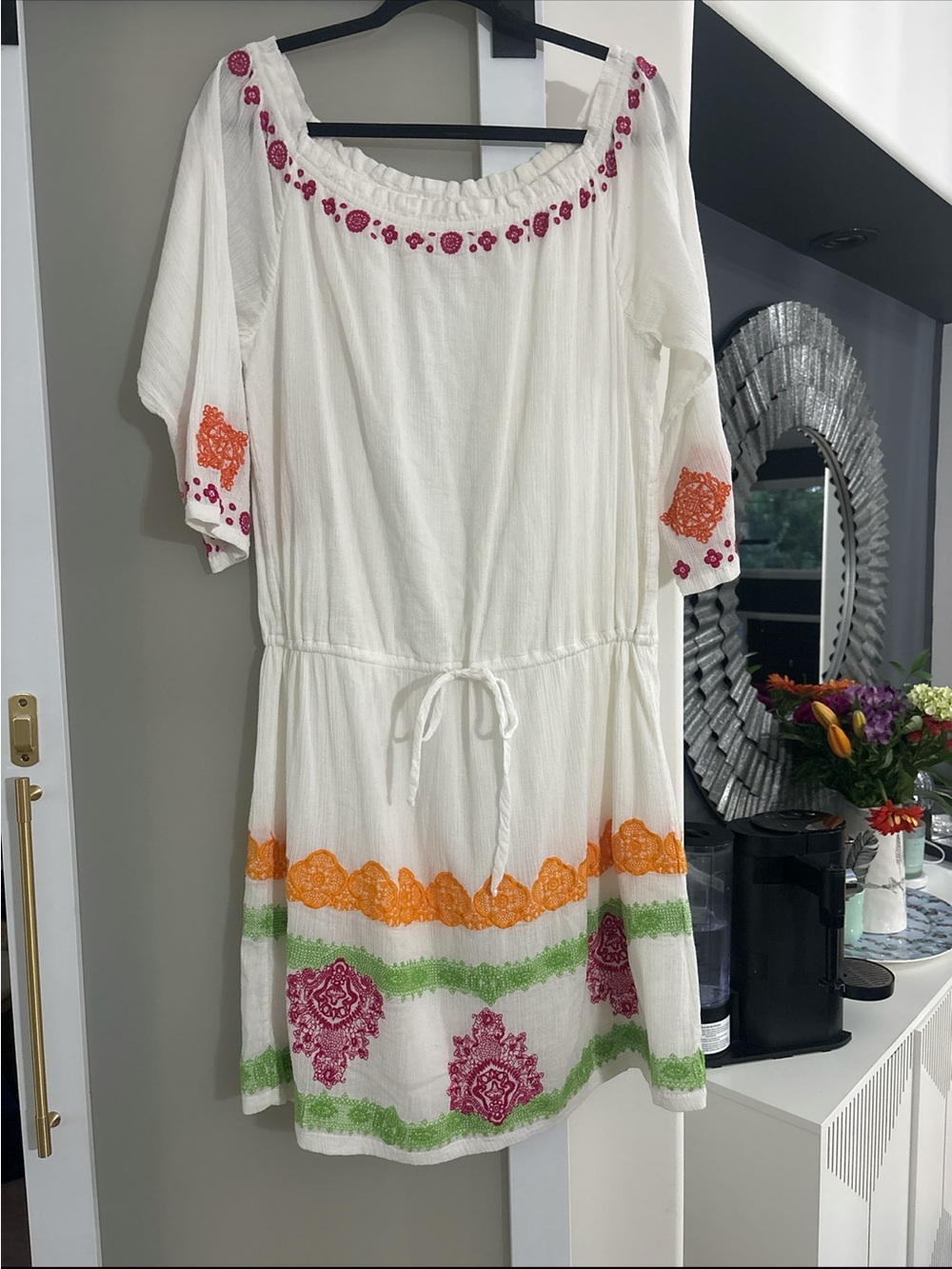 Tommy Bahama White Mini Dress with Pink, Orange & Green Embroidery